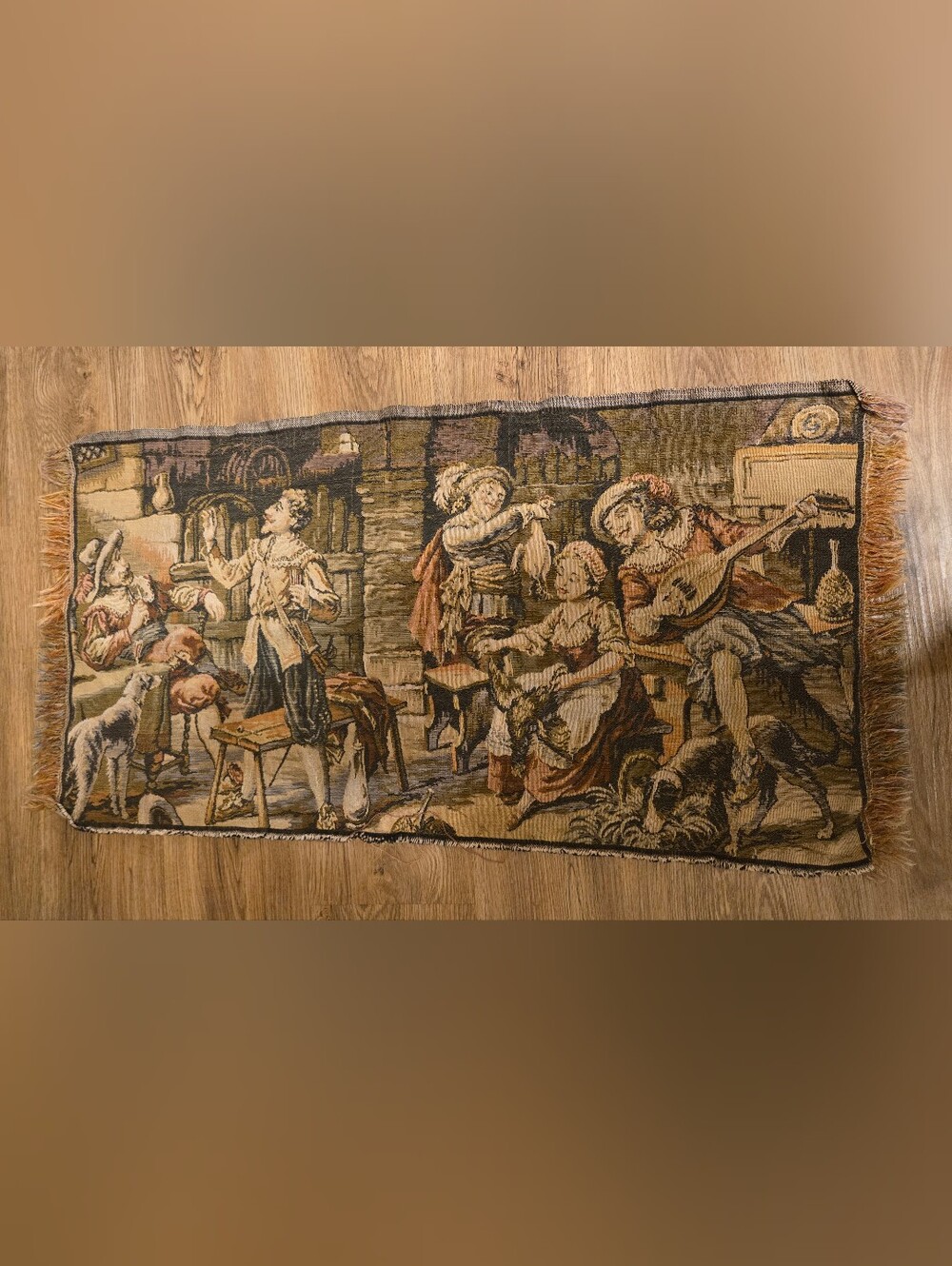 Vintage European Tavern Scene Woven Tapestry Wall Hanging Musician Dogs Fringe